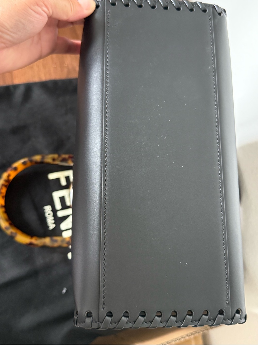 Fendi Black Leather Satchel with Tortoiseshell Handle and Gold Hardware - Picture 12 of 17